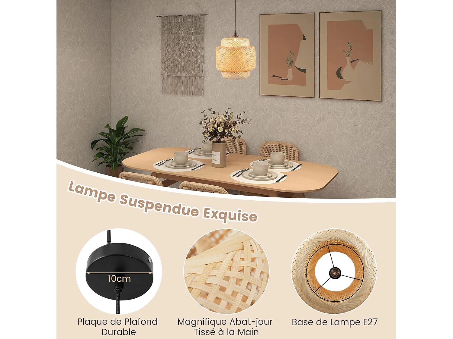 Suspension Bambou Ø 40 x H 43 cm, Abat Jour Rustique Fil 0-90cm E27 40W, Suspension Naturelle Plaque de Plafond Métal