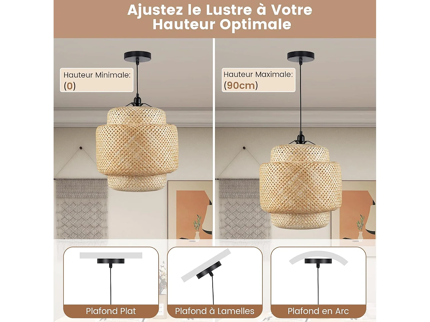 Suspension Bambou Ø 40 x H 43 cm, Abat Jour Rustique Fil 0-90cm E27 40W, Suspension Naturelle Plaque de Plafond Métal