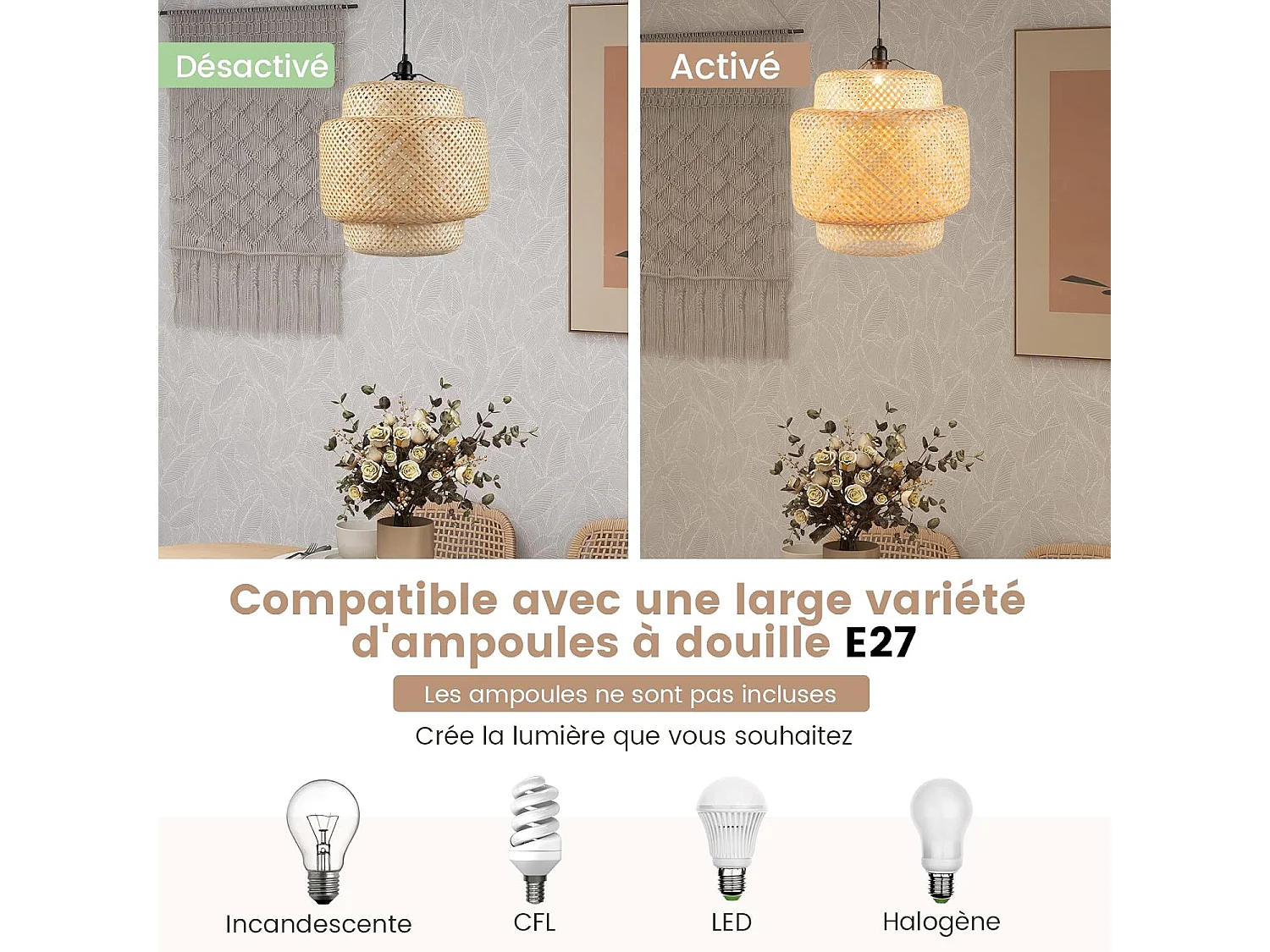 Suspension Bambou Ø 40 x H 43 cm, Abat Jour Rustique Fil 0-90cm E27 40W, Suspension Naturelle Plaque de Plafond Métal