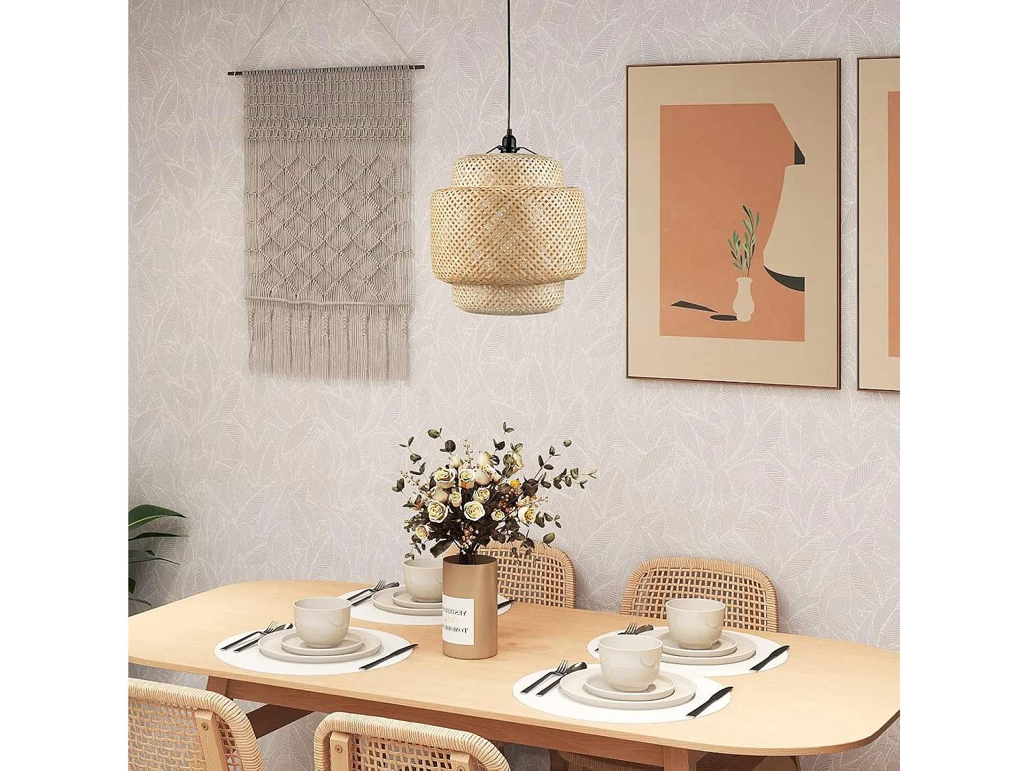 Suspension Bambou Ø 40 x H 43 cm, Abat Jour Rustique Fil 0-90cm E27 40W, Suspension Naturelle Plaque de Plafond Métal