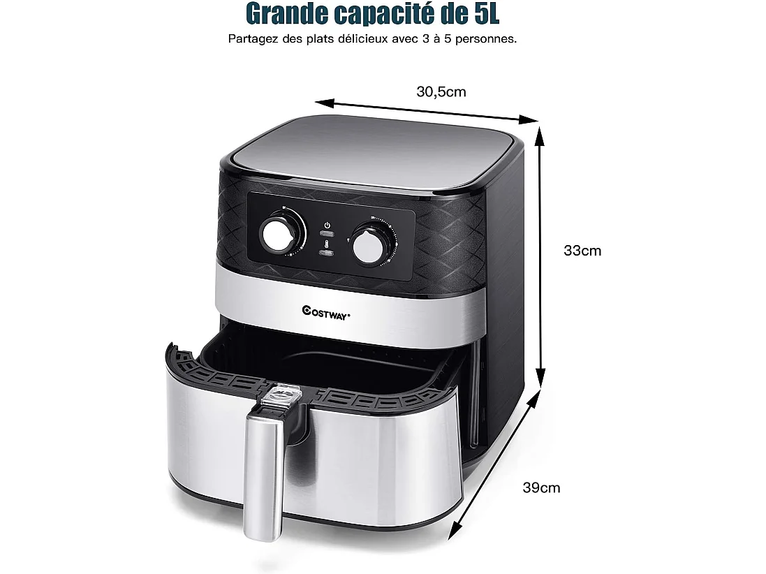 Friteuse sans huile 5 l friteuse à air chaud 1700w avec minuterie et contrôle de température