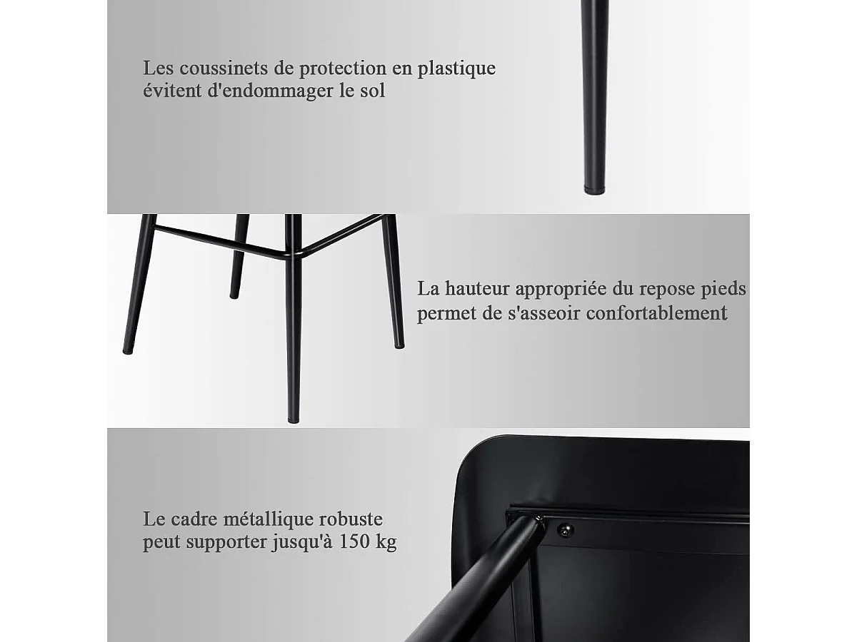 Lot de 2 Chaises de Bar de Style Moderne en Métal 47,5 x 41 x 105 CM pour Bistro Cuisine Café, Charge Max. 150 KG（Noir)