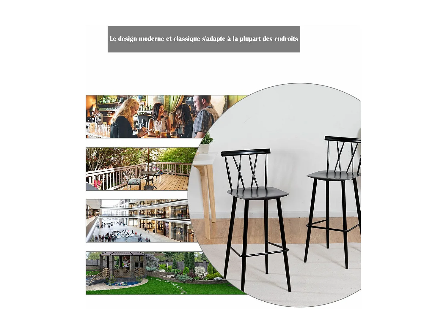 Lot de 2 Chaises de Bar de Style Moderne en Métal 47,5 x 41 x 105 CM pour Bistro Cuisine Café, Charge Max. 150 KG（Noir)