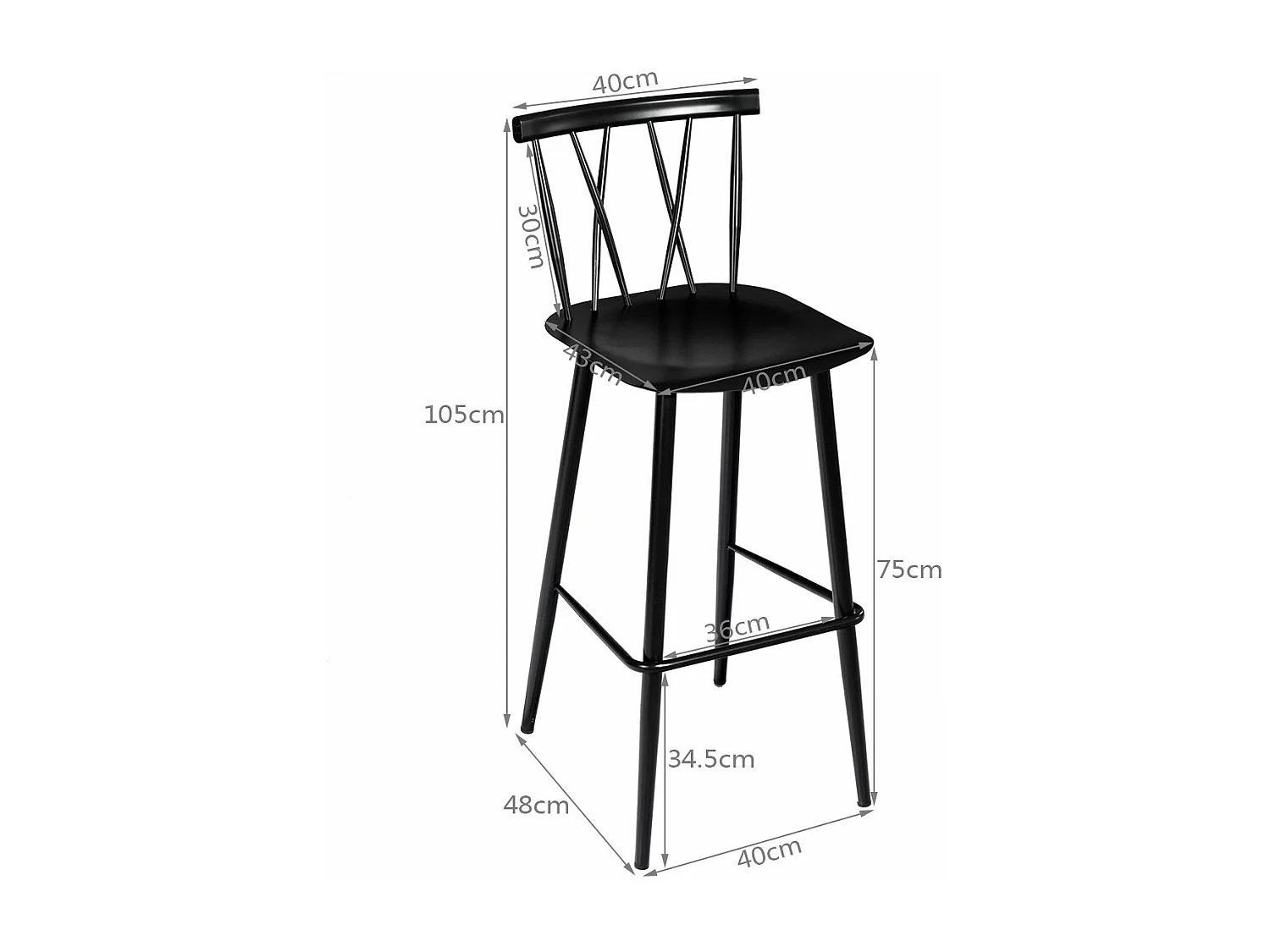 Lot de 2 Chaises de Bar de Style Moderne en Métal 47,5 x 41 x 105 CM pour Bistro Cuisine Café, Charge Max. 150 KG（Noir)