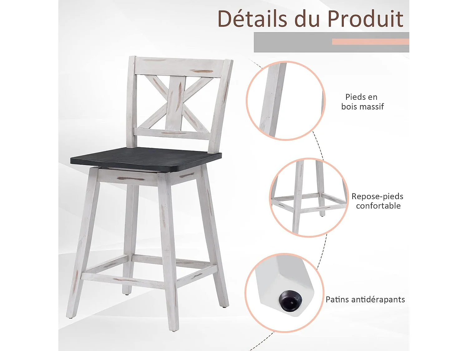 Lot de 2 tabourets de bar siège pivotant 360° avec repose-pieds antidérapants