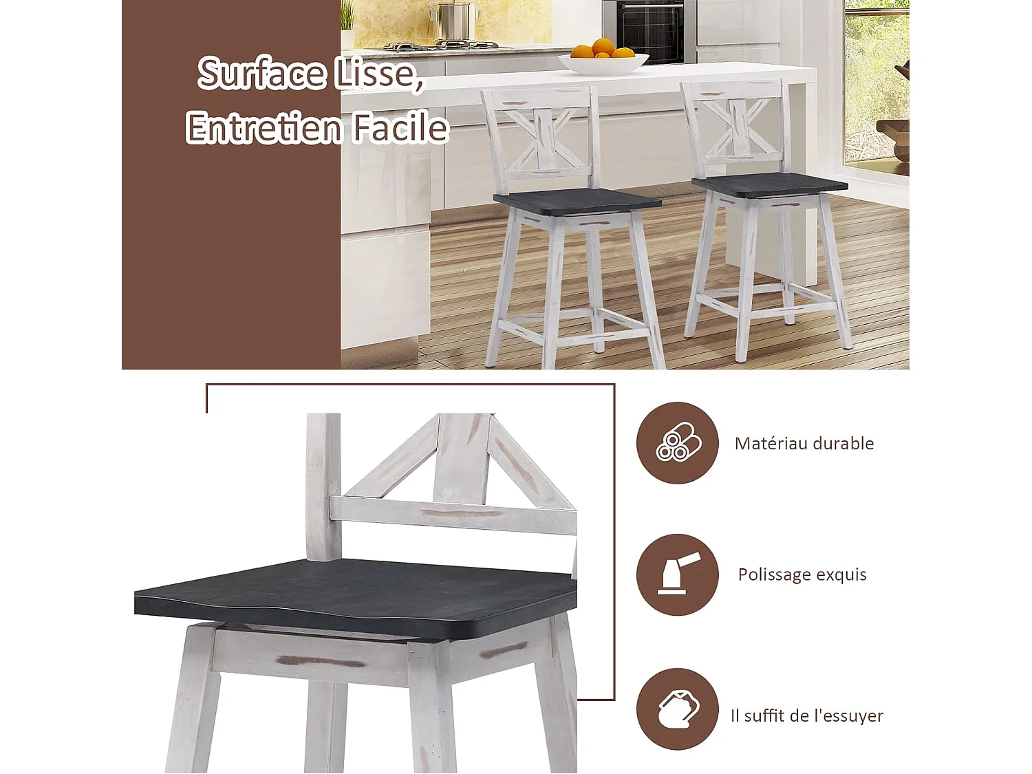 Lot de 2 tabourets de bar siège pivotant 360° avec repose-pieds antidérapants