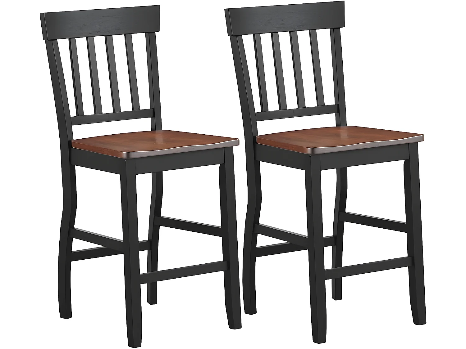 2 Chaises de comptoir, hauteur d’assise de 61cm, base noire et siège en noyer