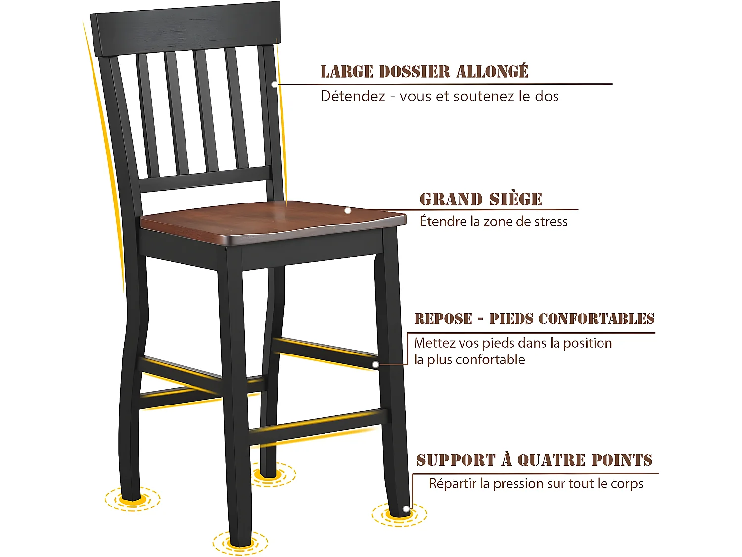 2 Chaises de comptoir, hauteur d’assise de 61cm, base noire et siège en noyer