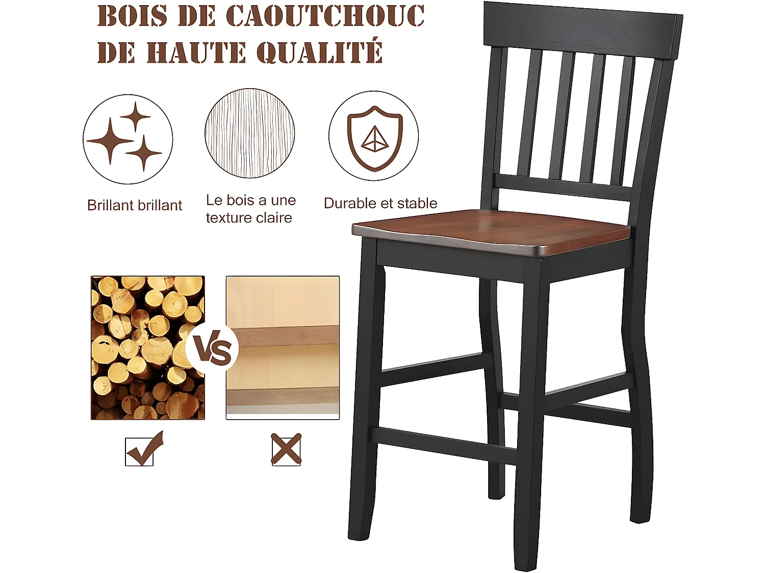 2 Chaises de comptoir, hauteur d’assise de 61cm, base noire et siège en noyer