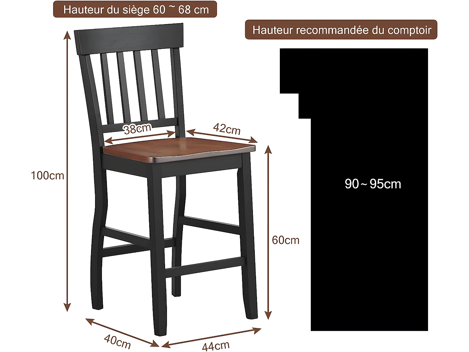 2 Chaises de comptoir, hauteur d’assise de 61cm, base noire et siège en noyer