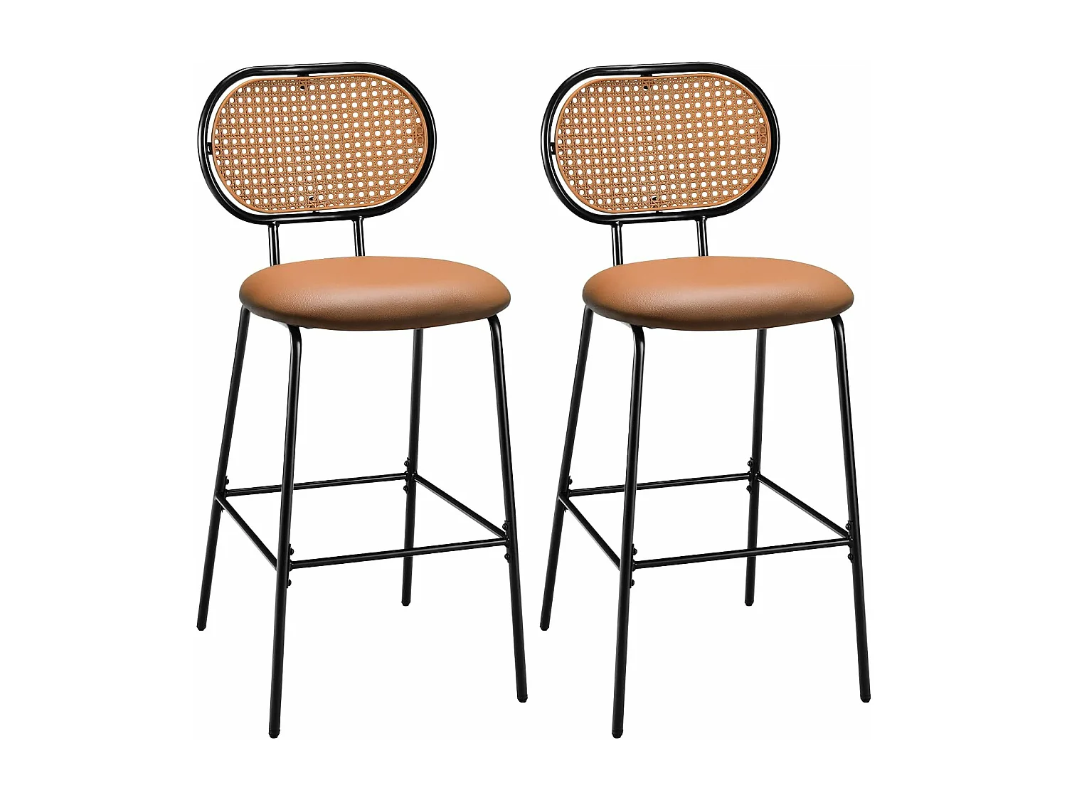 Tabourets de Bar Lot de 2, Chaise Haute Bar en Cuir PU 75 CM de Haut, Tabouret Cuisine avec Dossier Rotin PE, Repose-pieds, Cadre en Métal, 48 x 52 x 107 CM
