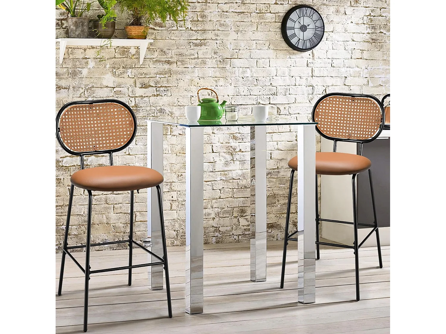 Tabourets de Bar Lot de 2, Chaise Haute Bar en Cuir PU 75 CM de Haut, Tabouret Cuisine avec Dossier Rotin PE, Repose-pieds, Cadre en Métal, 48 x 52 x 107 CM