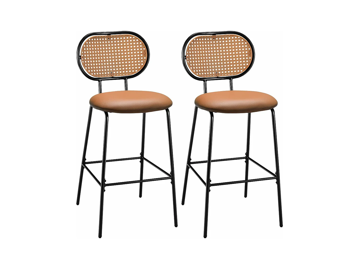Barkrukken set van 2, hoge barstoel van PU-leer, 75 cm hoog, keukenkruk met rugleuning van PE-rotan, voetsteun, metalen frame, 48 x 52 x 107 cm