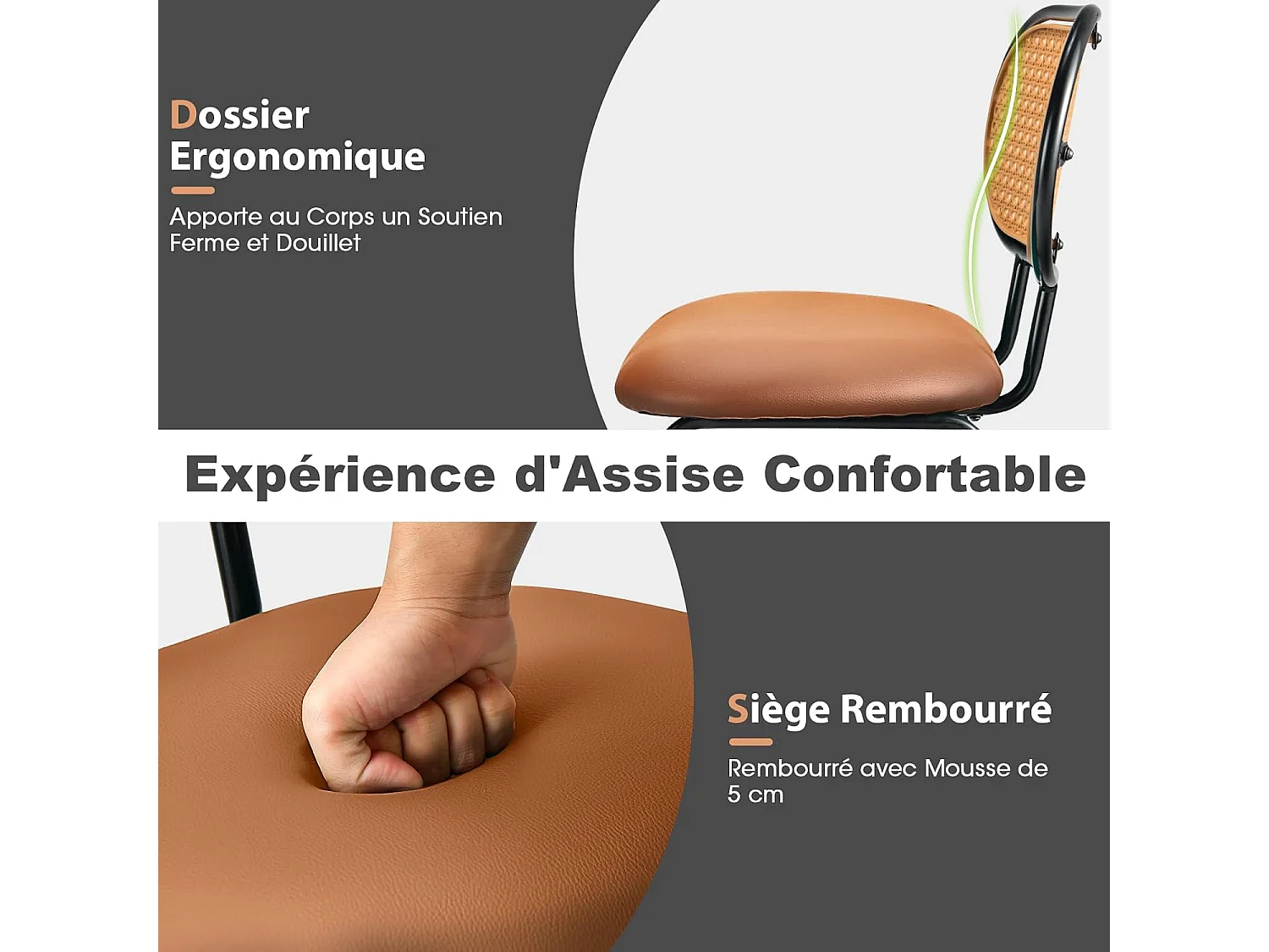 Tabourets de Bar Lot de 2, Chaise Haute Bar en Cuir PU 75 CM de Haut, Tabouret Cuisine avec Dossier Rotin PE, Repose-pieds, Cadre en Métal, 48 x 52 x 107 CM