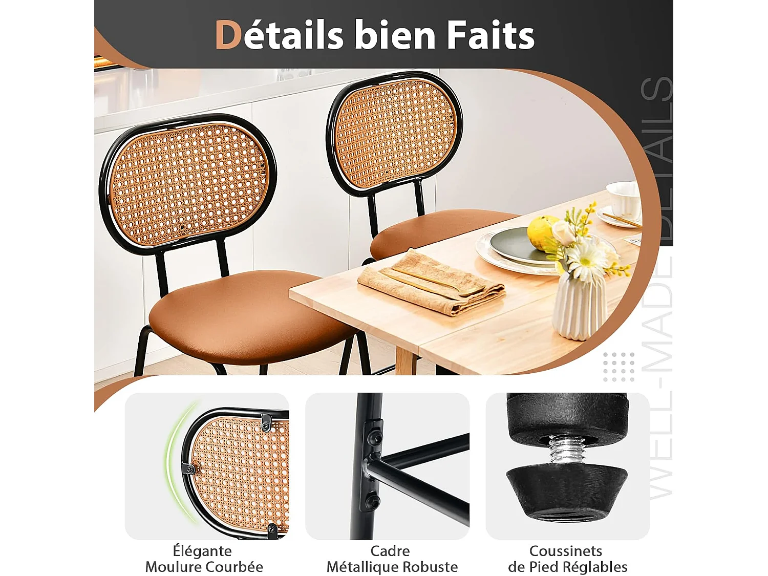 Tabourets de Bar Lot de 2, Chaise Haute Bar en Cuir PU 75 CM de Haut, Tabouret Cuisine avec Dossier Rotin PE, Repose-pieds, Cadre en Métal, 48 x 52 x 107 CM