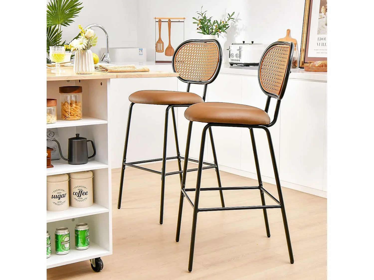 Tabourets de Bar Lot de 2, Chaise Haute Bar en Cuir PU 75 CM de Haut, Tabouret Cuisine avec Dossier Rotin PE, Repose-pieds, Cadre en Métal, 48 x 52 x 107 CM