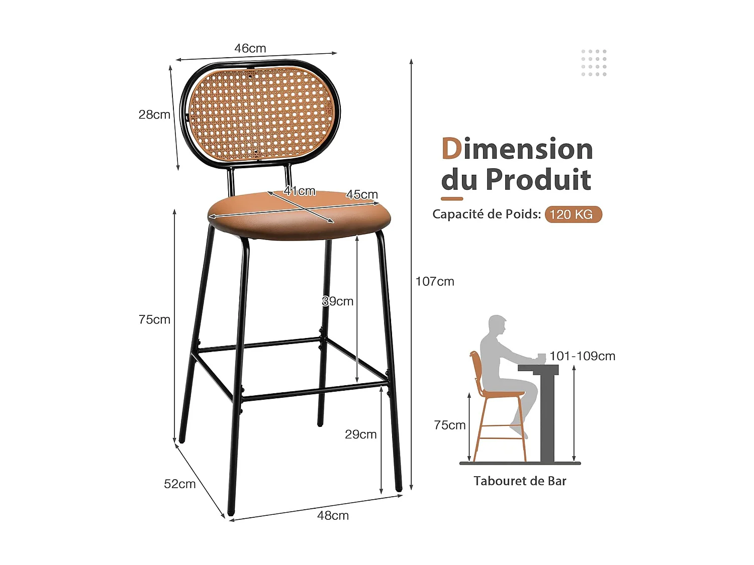 Tabourets de Bar Lot de 2, Chaise Haute Bar en Cuir PU 75 CM de Haut, Tabouret Cuisine avec Dossier Rotin PE, Repose-pieds, Cadre en Métal, 48 x 52 x 107 CM