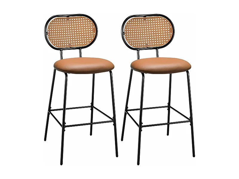 Tabourets de Bar Lot de 2, Chaise Haute Bar en Cuir PU 75 CM de Haut, Tabouret Cuisine avec Dossier Rotin PE, Repose-pieds, Cadre en Métal, 48 x 52 x 107 CM