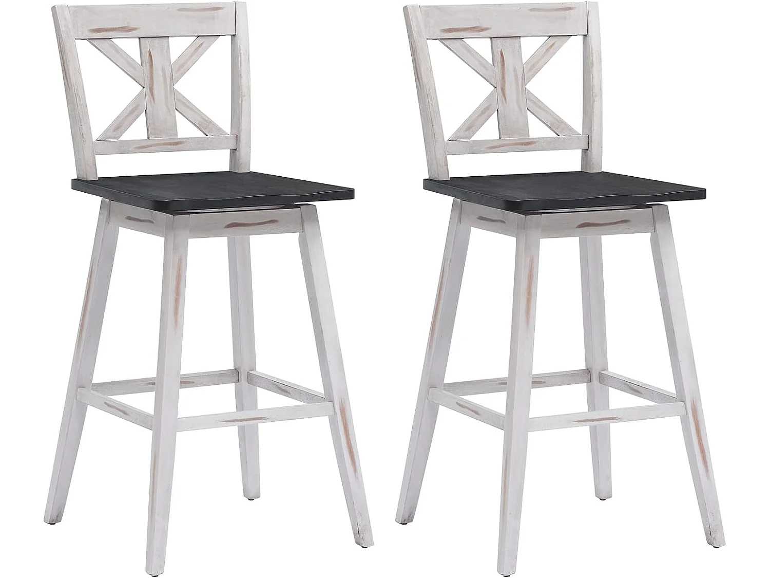 Lot de 2 tabourets de bar, chaise de bar pivotant à 360° en bois d'hévéa avec dossier et repose-pieds