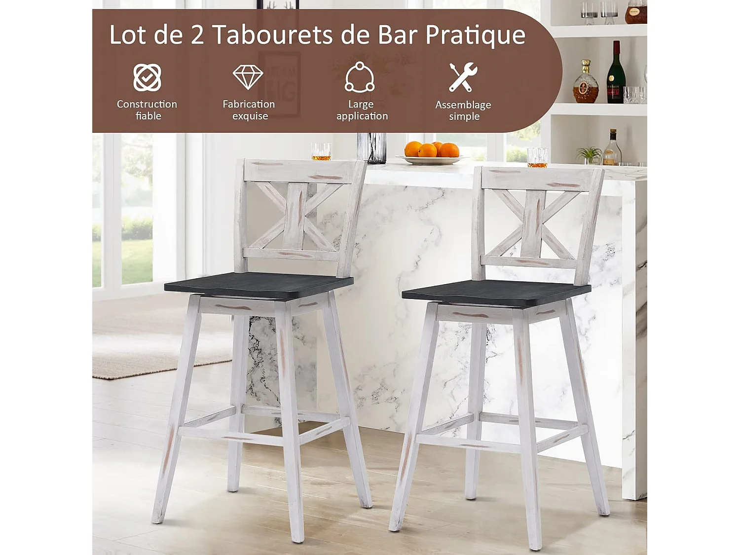 Lot de 2 tabourets de bar, chaise de bar pivotant à 360° en bois d'hévéa avec dossier et repose-pieds