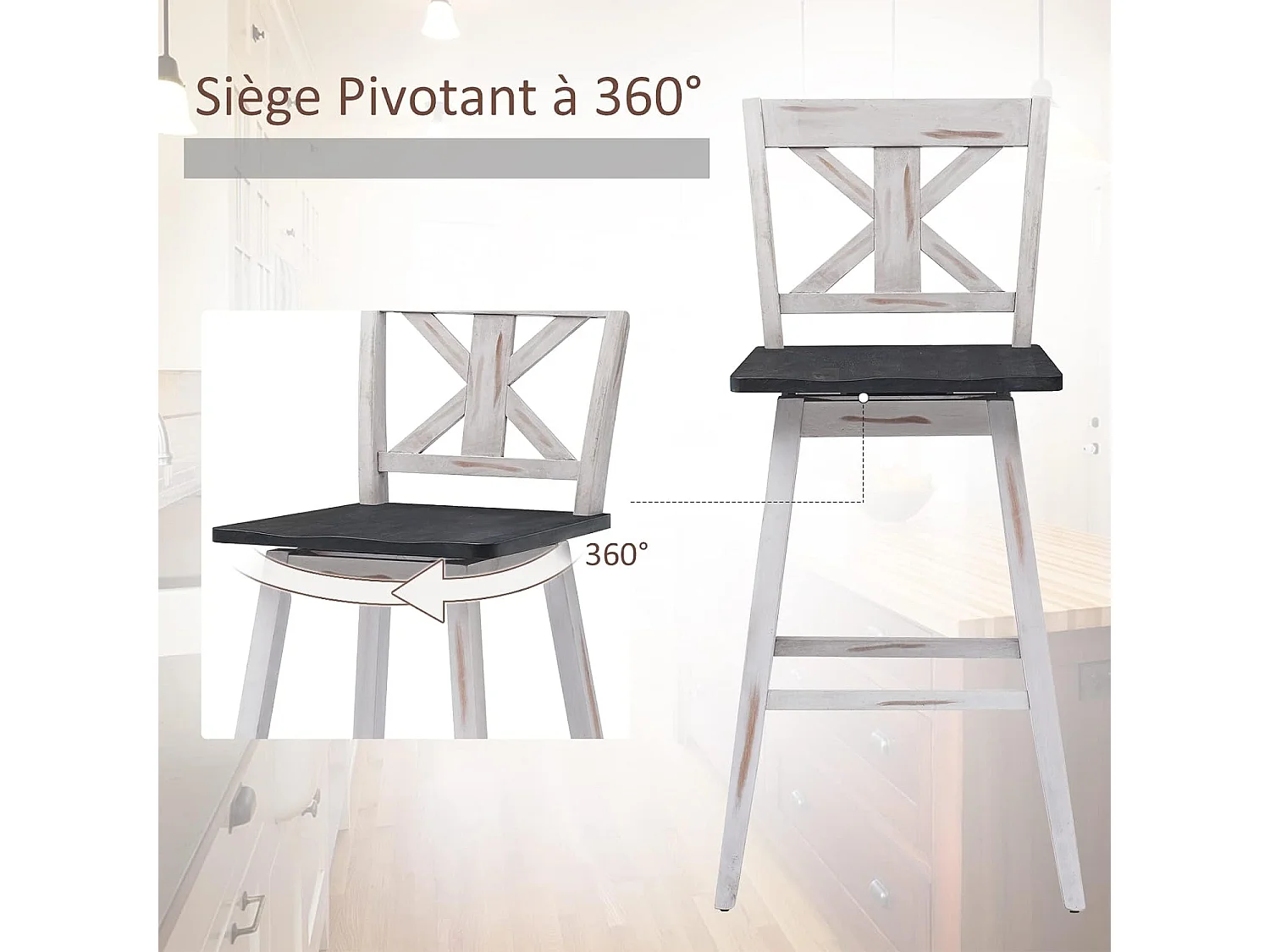 Lot de 2 tabourets de bar, chaise de bar pivotant à 360° en bois d'hévéa avec dossier et repose-pieds