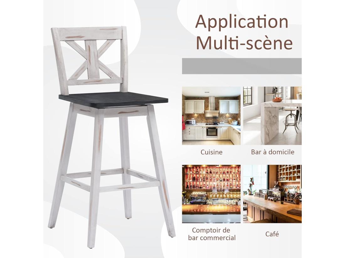 vente unique Lot de 2 tabourets de bar chaise de bar pivotant à 360° en bois d'hévéa avec dossier et repose-pieds