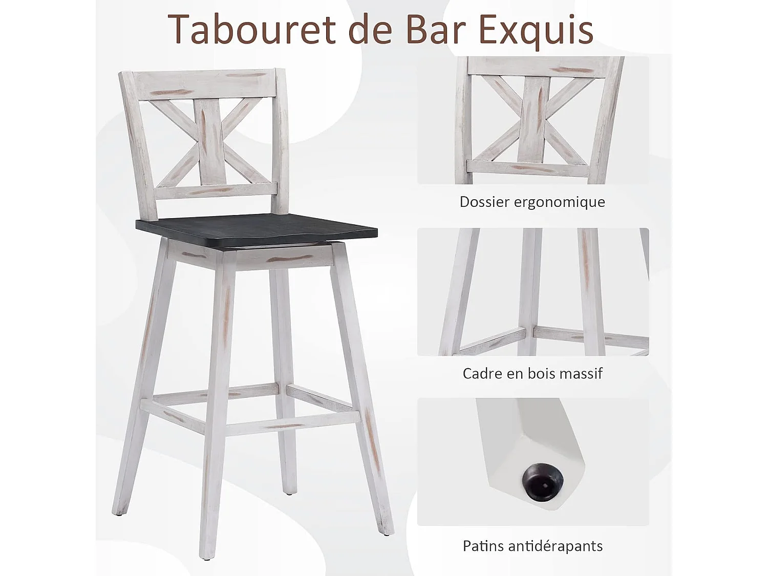 Set van 2 Draaibare Barkrukken van Rubberhout met Rugleuning en Voetensteunen - Comfort en Robuustheid