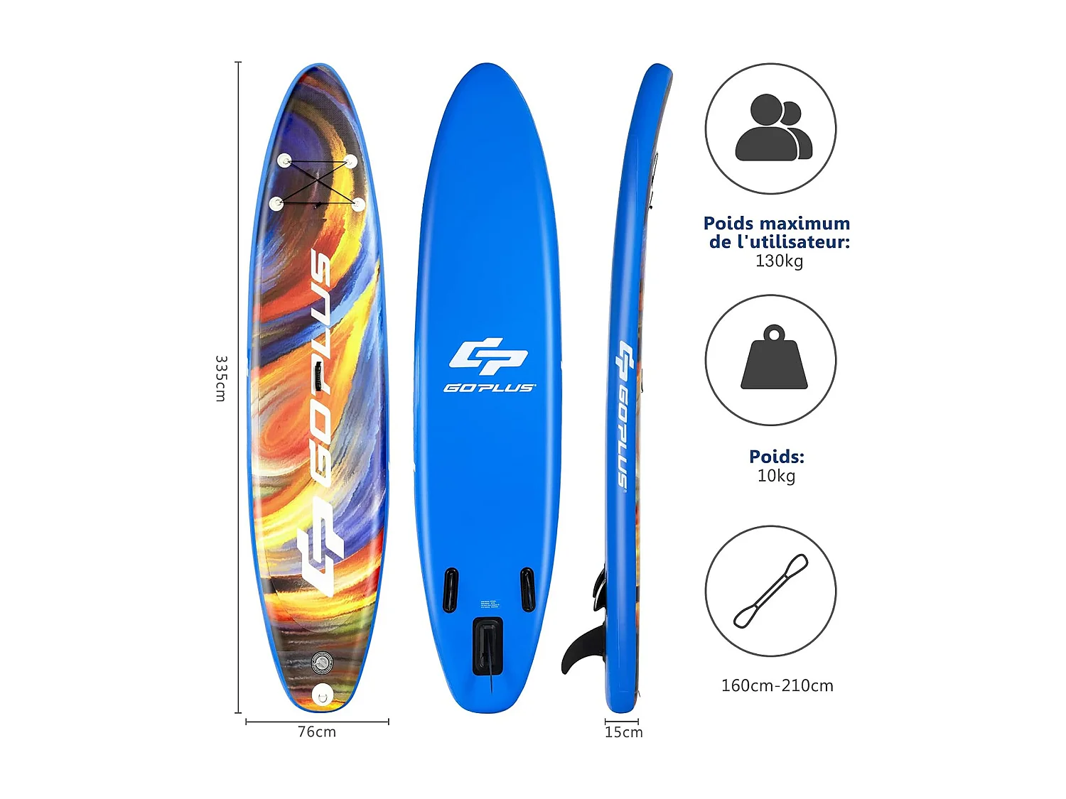 Planche de Stand up Paddle Gonflable avec Laisse de sécurité, kit de réparation et sac de transport, avec accessoires complets, 335CM