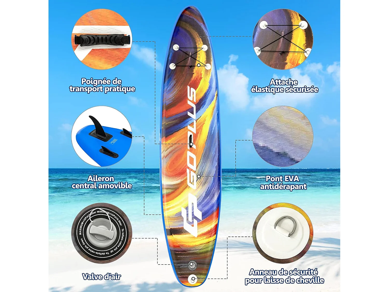 Stand up paddle board gonflable, 325 x 76 x 15 cm