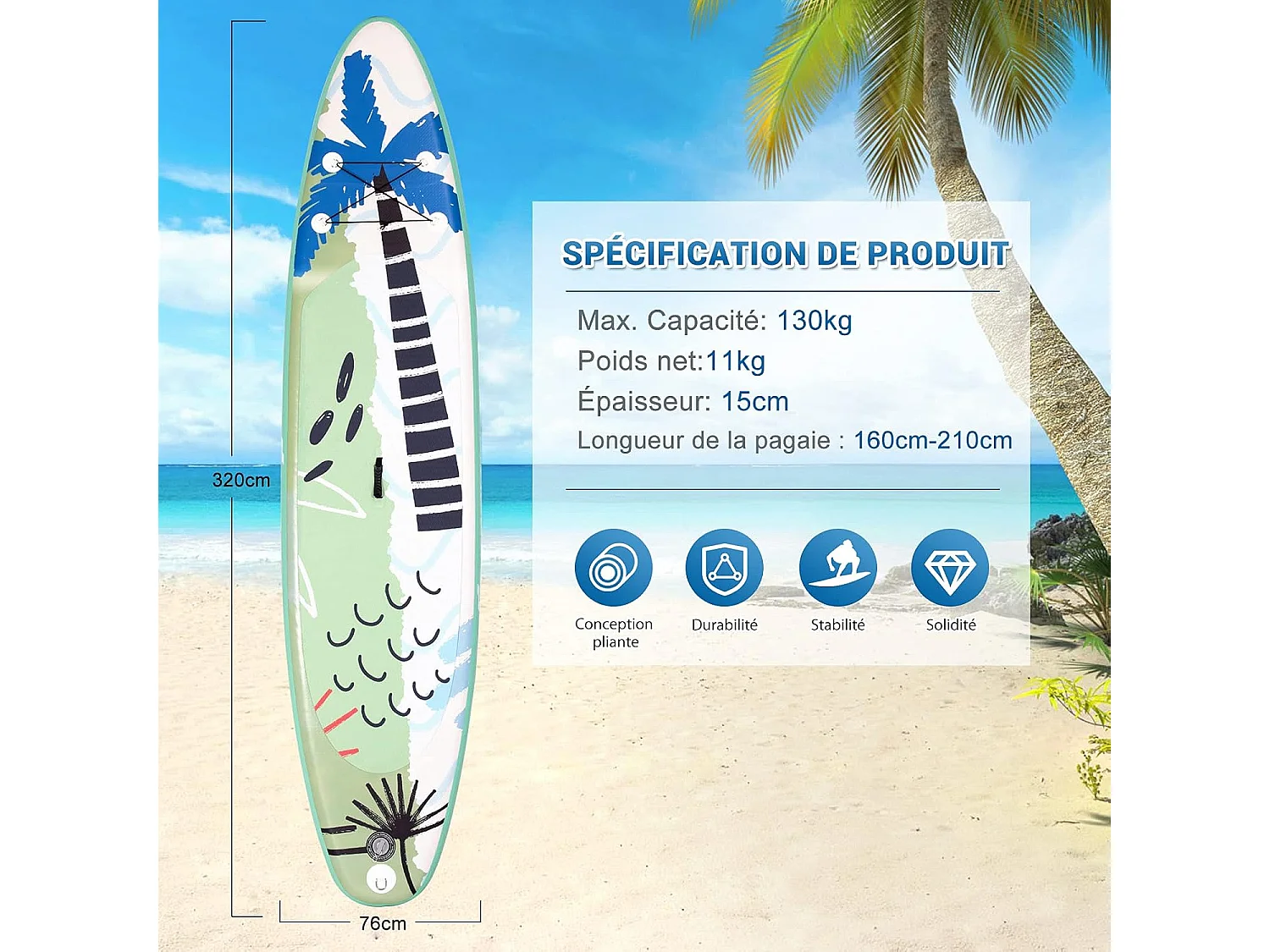 Stand Up Paddle Board Gonflable, avec Accessoires Complets et Sac de Transport, Revêtement Antidérapant pour Pagayer, Surfer, Pêcher, Yoga Aquatique, 335x76x15cm