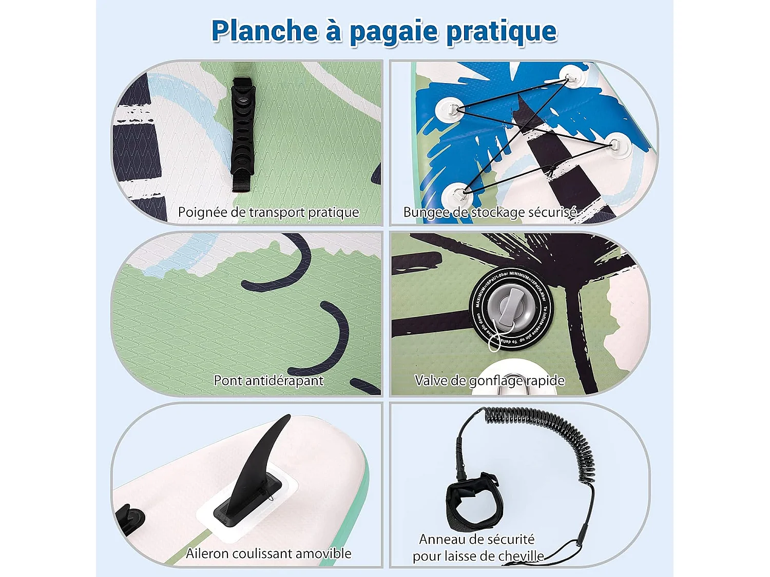 Stand Up Paddle Board Gonflable, avec Accessoires Complets et Sac de Transport, Revêtement Antidérapant pour Pagayer, Surfer, Pêcher, Yoga Aquatique, 335x76x15cm