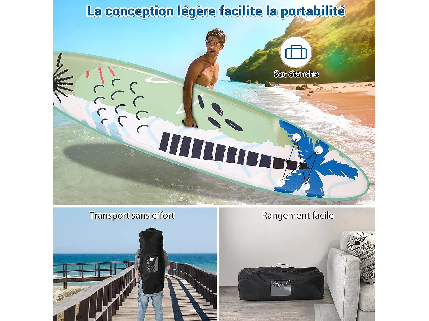 Stand Up Paddle Board Gonflable, avec Accessoires Complets et Sac de Transport, Revêtement Antidérapant pour Pagayer, Surfer, Pêcher, Yoga Aquatique, 335x76x15cm