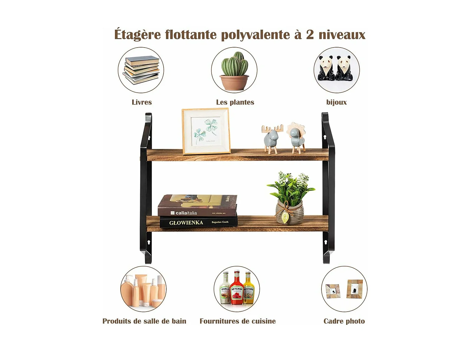 Etagere murale flottante en bois et métal pour cuisine etagère rnagment de style industrielle