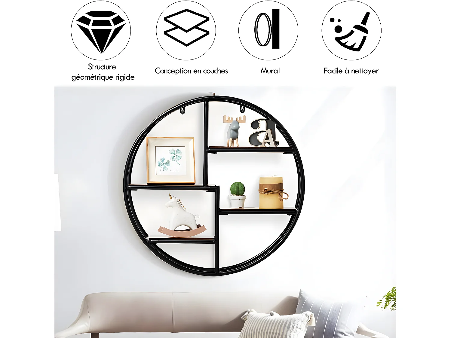 Etagères murales ronde de style industrielle avec 4 etagères dimensions : ø 55 x 11 cm