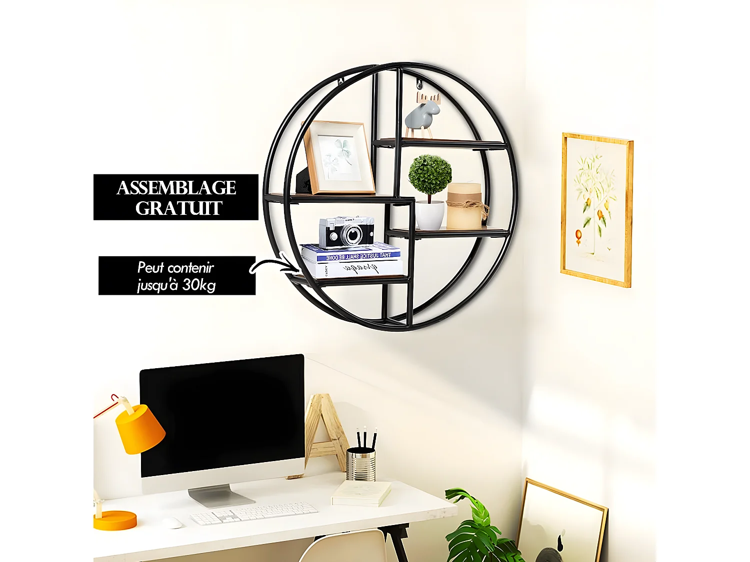 Etagères murales ronde de style industrielle avec 4 etagères dimensions : ø 55 x 11 cm