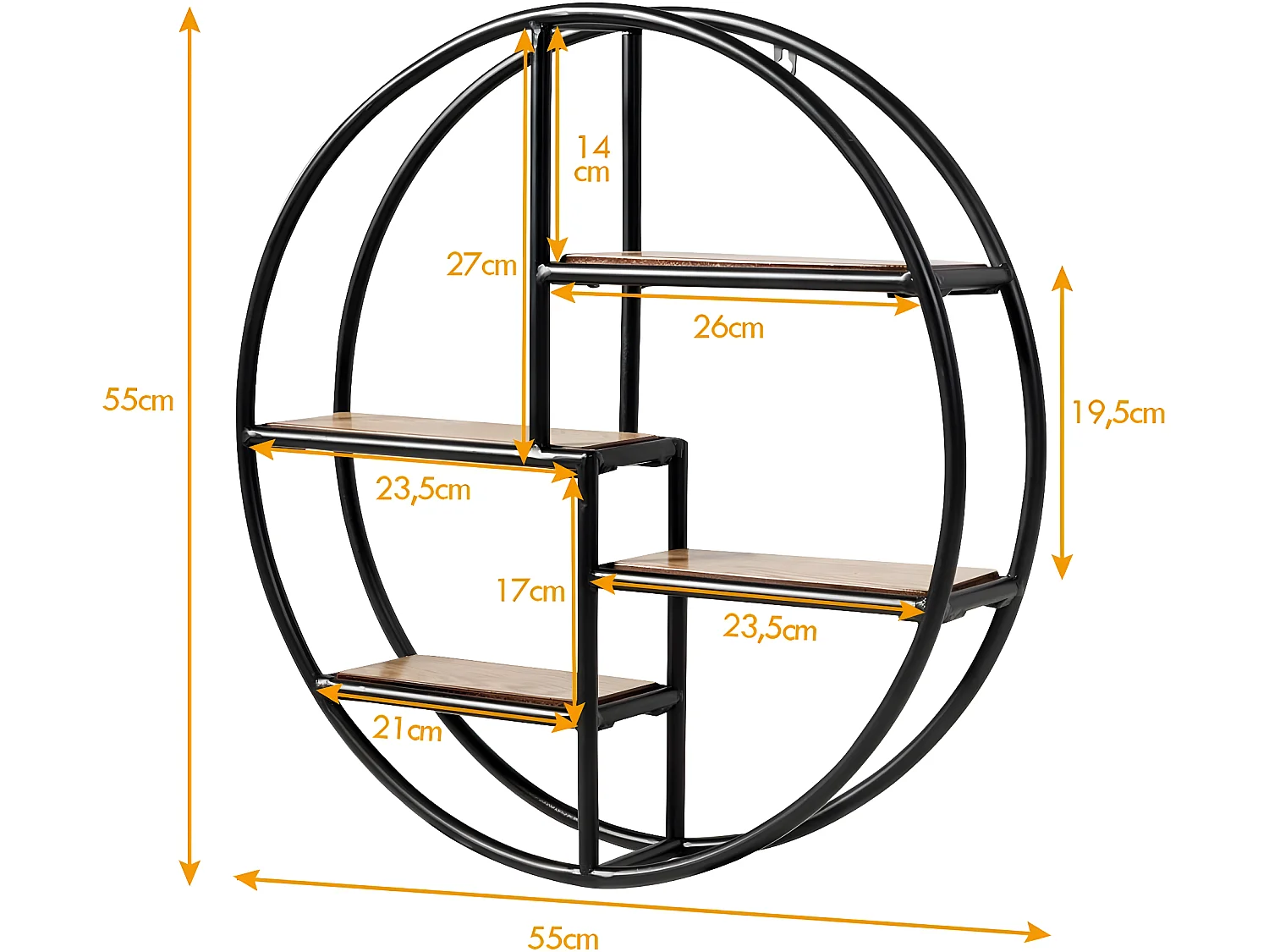 Etagères murales ronde de style industrielle avec 4 etagères dimensions : ø 55 x 11 cm