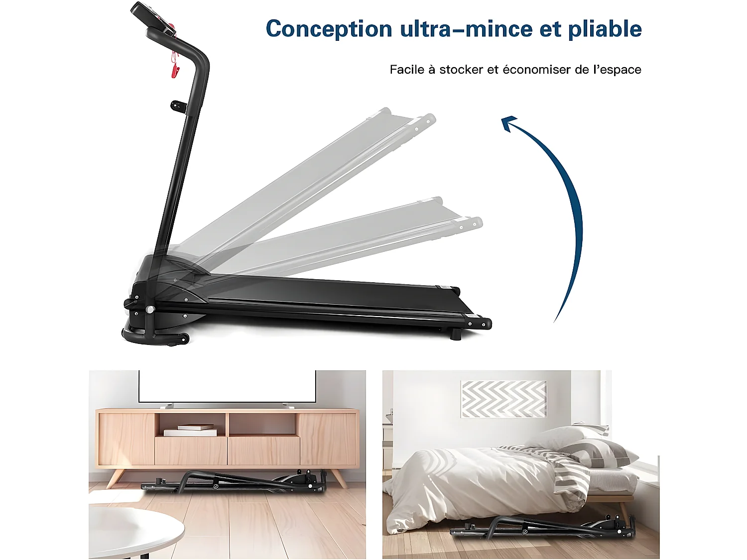 Tapis de course electrique pliable 1 à 10 km/h 12 programmes avec clé de sécurité