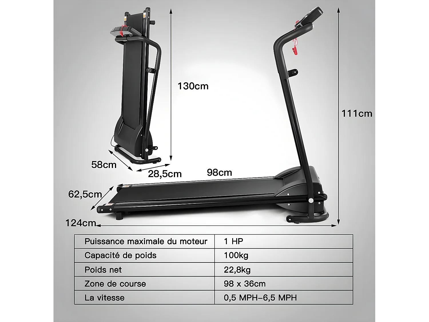 Tapis de course electrique pliable 1 à 10 km/h 12 programmes avec clé de sécurité