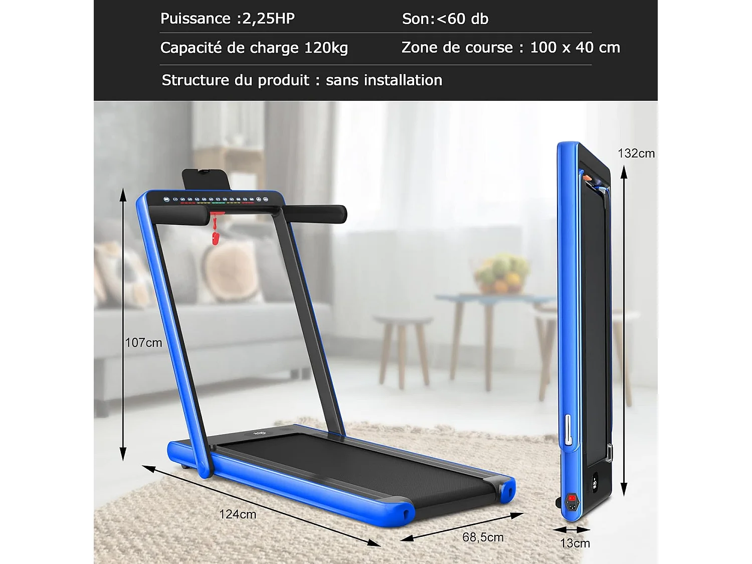 Tapis de course electrique pliable 2 en 1 vitesse 1-12 km/h, tapis roulant surface 40x100cm