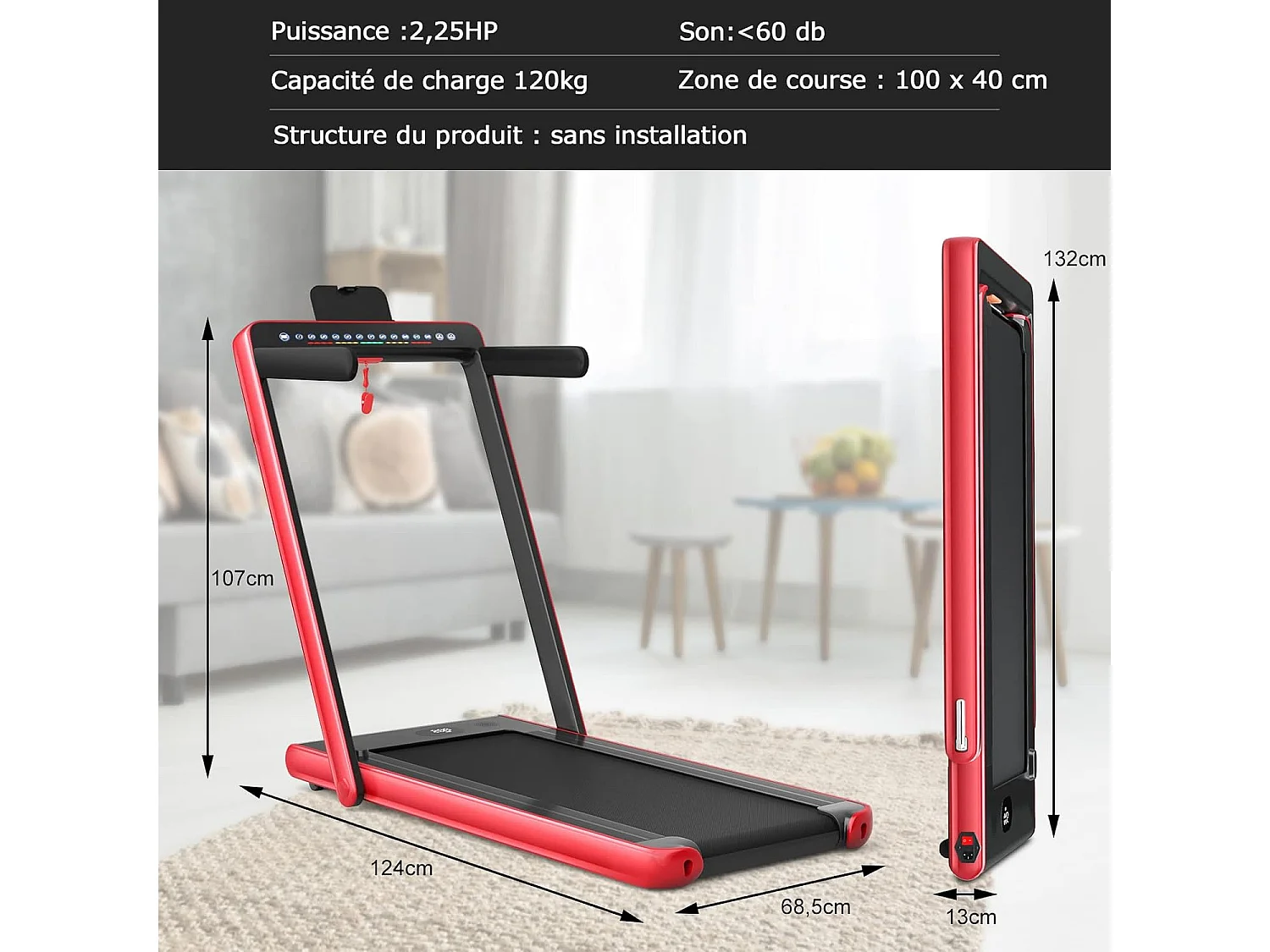 Tapis de course electrique pliable 2 en 1 vitesse 1-12 km/h, tapis roulant surface 40x100cm