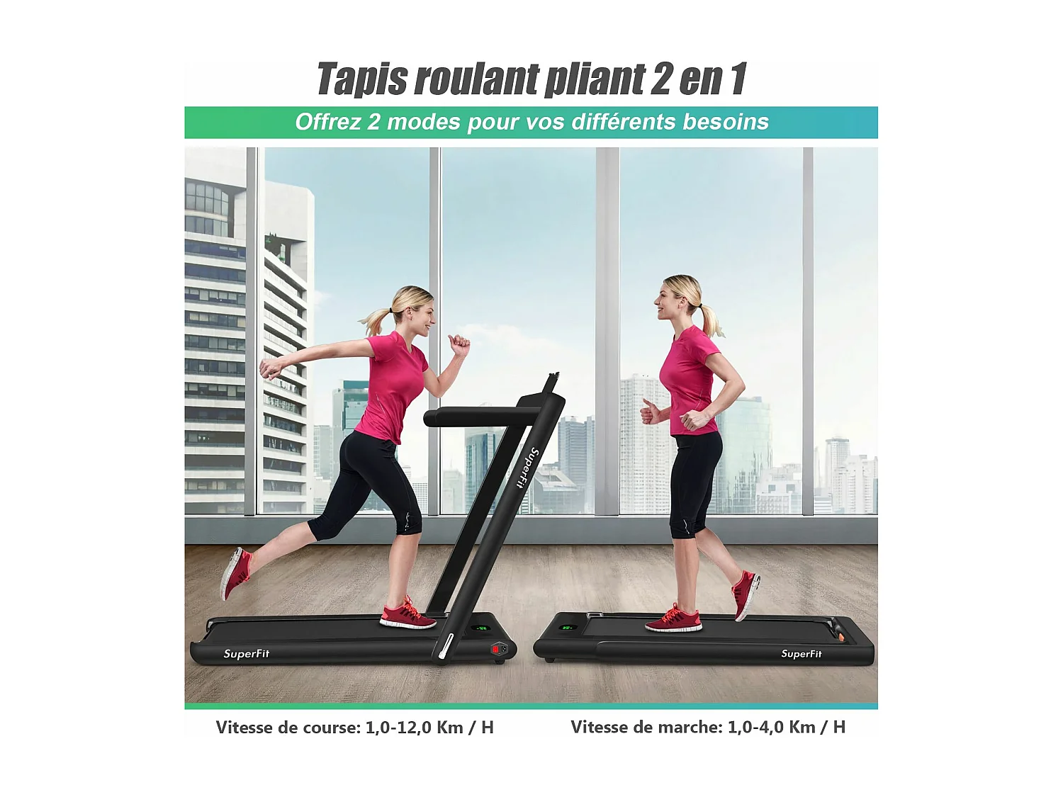 Tapis de Course Electrique Pliable 2 en 1 Contrôlé par APP 12 Km/H avec Ecran LED Haut-parleur Bluetooth Moteur 0,75HP