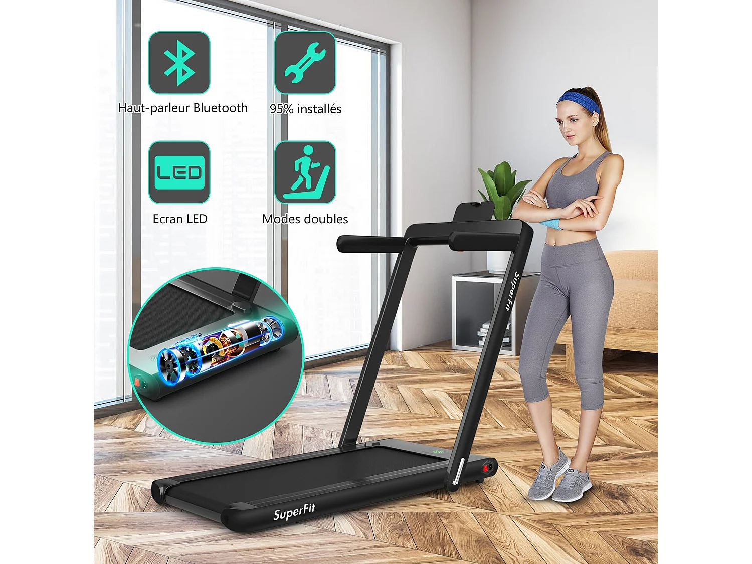 Tapis de Course Electrique Pliable 2 en 1 Contrôlé par APP 12 Km/H avec Ecran LED Haut-parleur Bluetooth Moteur 0,75HP