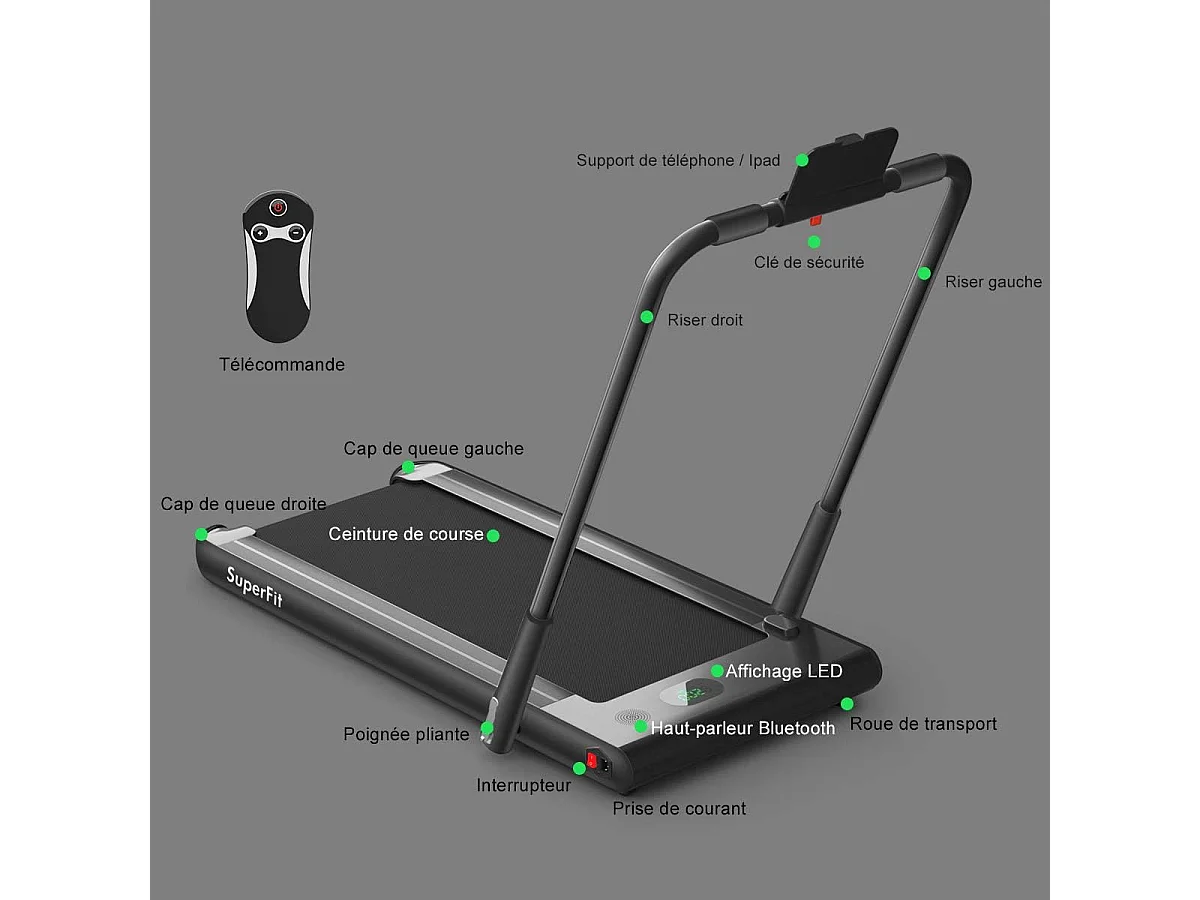Tapis de Course Electrique Pliable 2 en 1 Contrôlé par APP 12 Km/H avec Ecran LED Haut-parleur Bluetooth Moteur 0,75HP