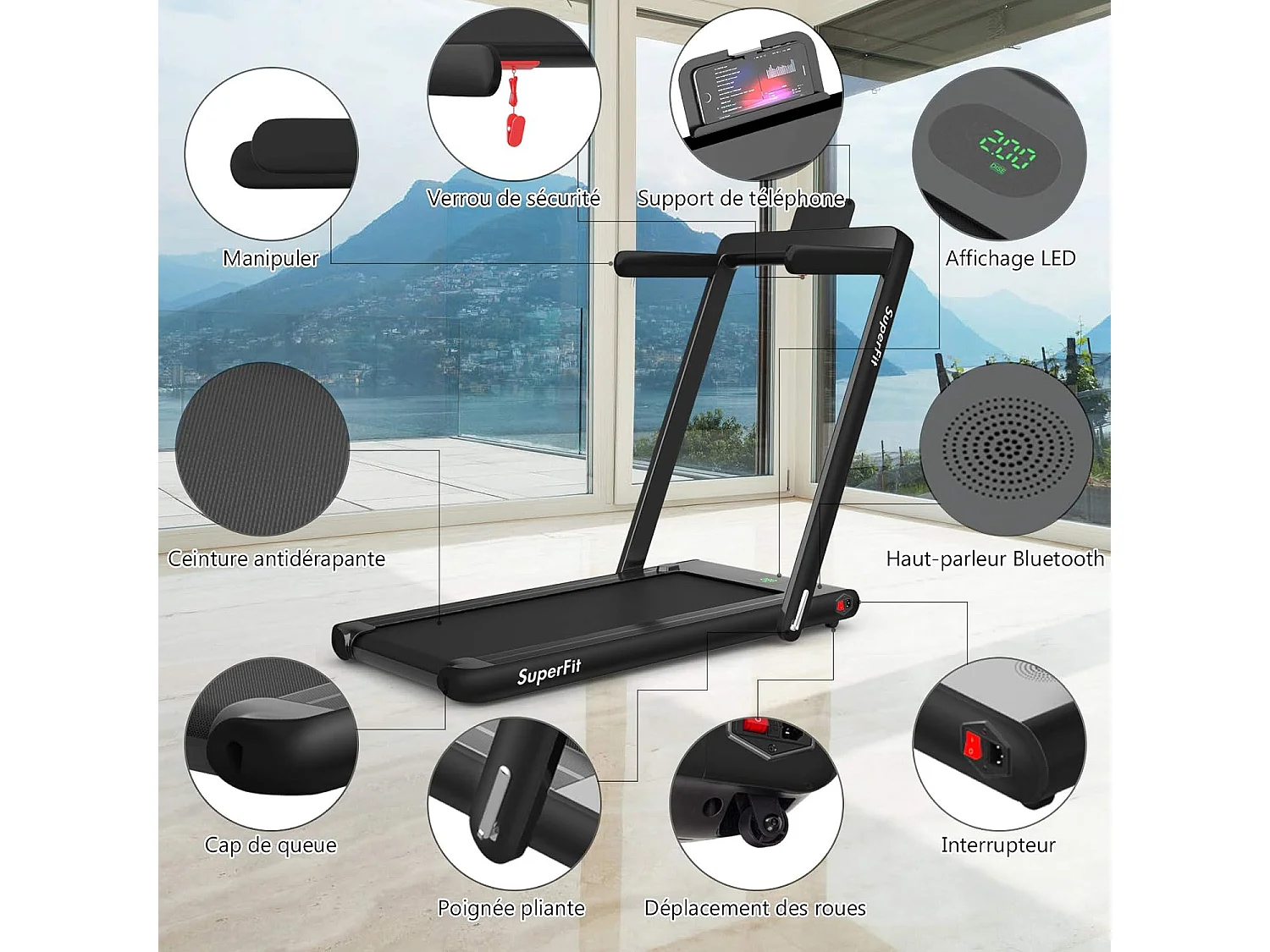 Tapis de Course Electrique Pliable 2 en 1 Contrôlé par APP 12 Km/H avec Ecran LED Haut-parleur Bluetooth Moteur 0,75HP