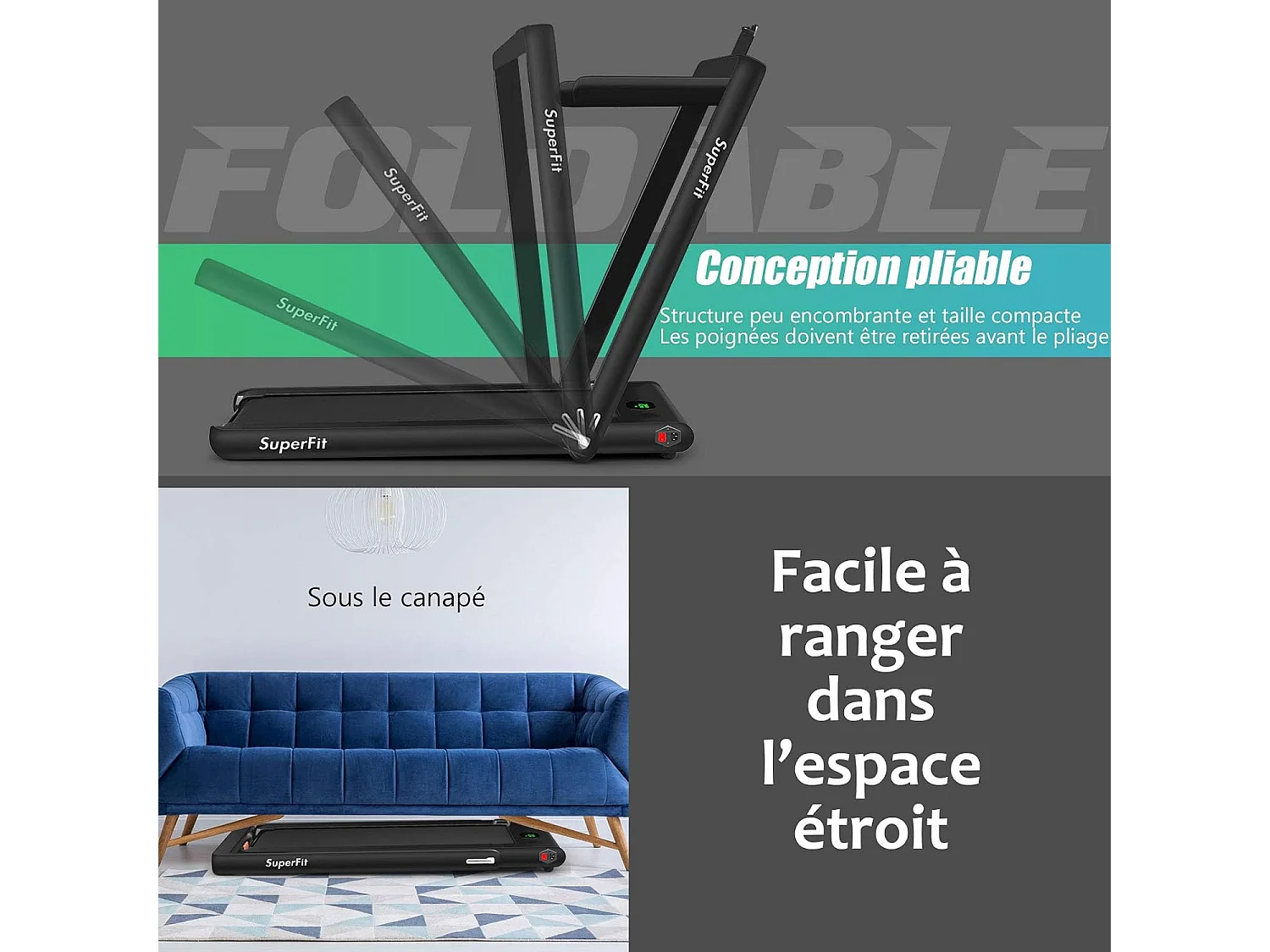 Tapis de Course Electrique Pliable 2 en 1 Contrôlé par APP 12 Km/H avec Ecran LED Haut-parleur Bluetooth Moteur 0,75HP