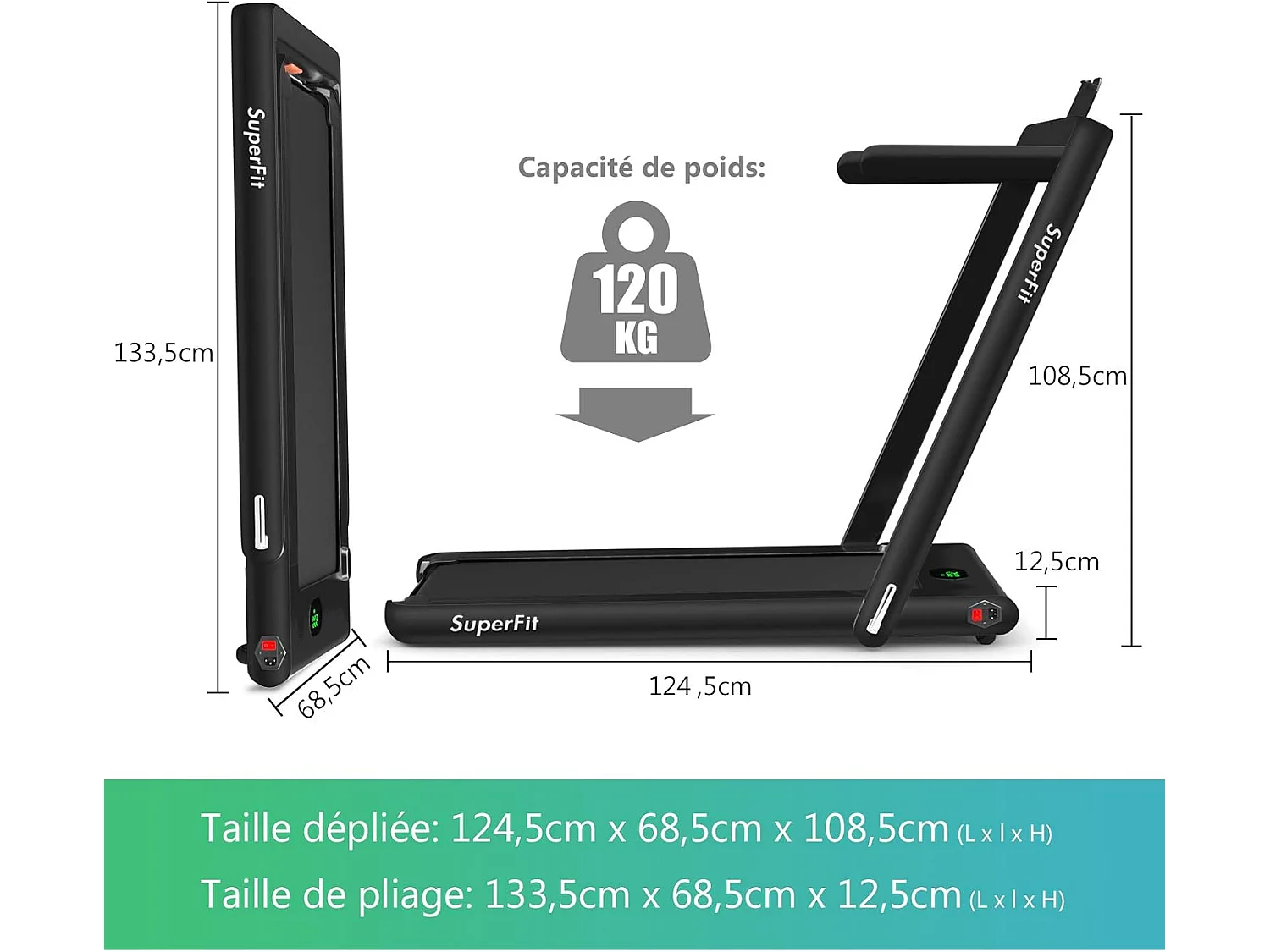 Tapis de Course Electrique Pliable 2 en 1 Contrôlé par APP 12 Km/H avec Ecran LED Haut-parleur Bluetooth Moteur 0,75HP