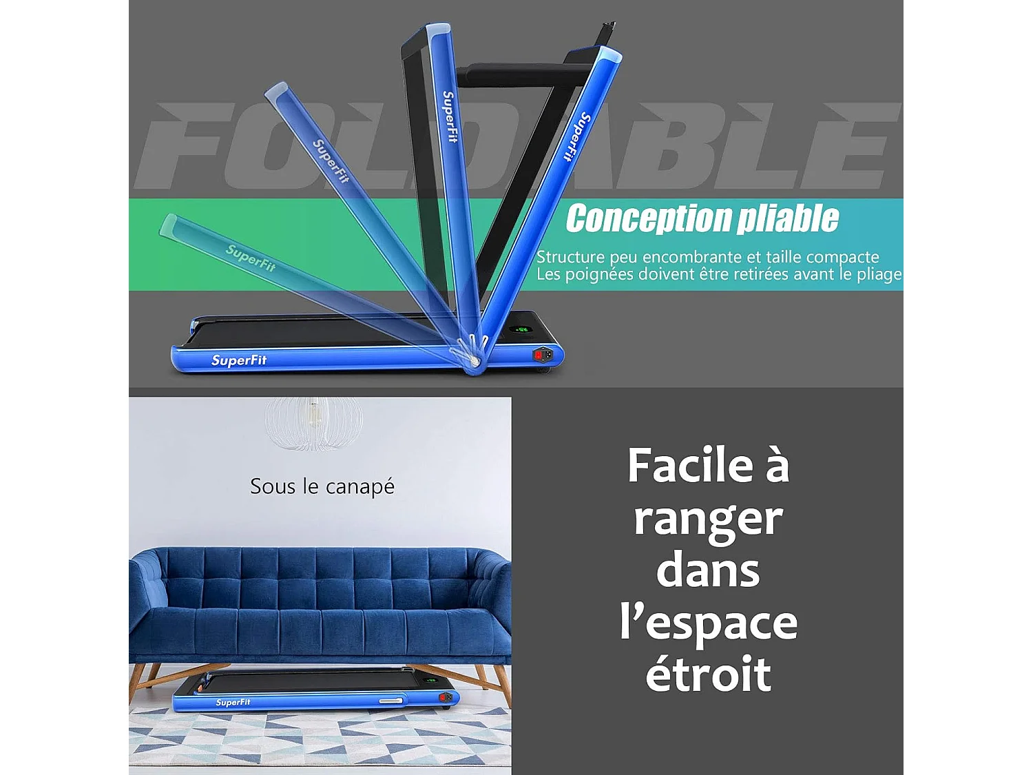 Tapis de Course Electrique Pliable 2 en 1 Contrôlé par APP, 12 Km/H, Bluetooth Moteur 600W, vec Haut-Parleur Bluetooth, Télécommande, Ecran Multifonctions LED