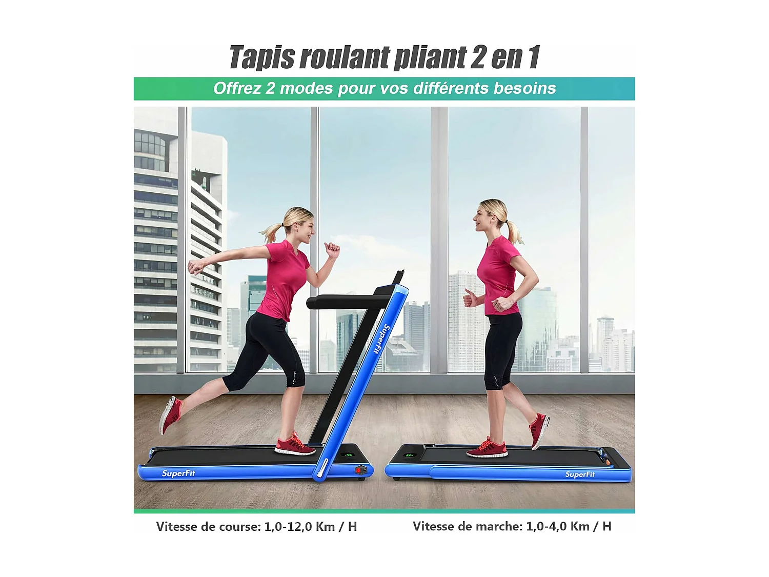 Tapis de Course Electrique Pliable 2 en 1 Contrôlé par APP, 12 Km/H, Bluetooth Moteur 600W, vec Haut-Parleur Bluetooth, Télécommande, Ecran Multifonctions LED