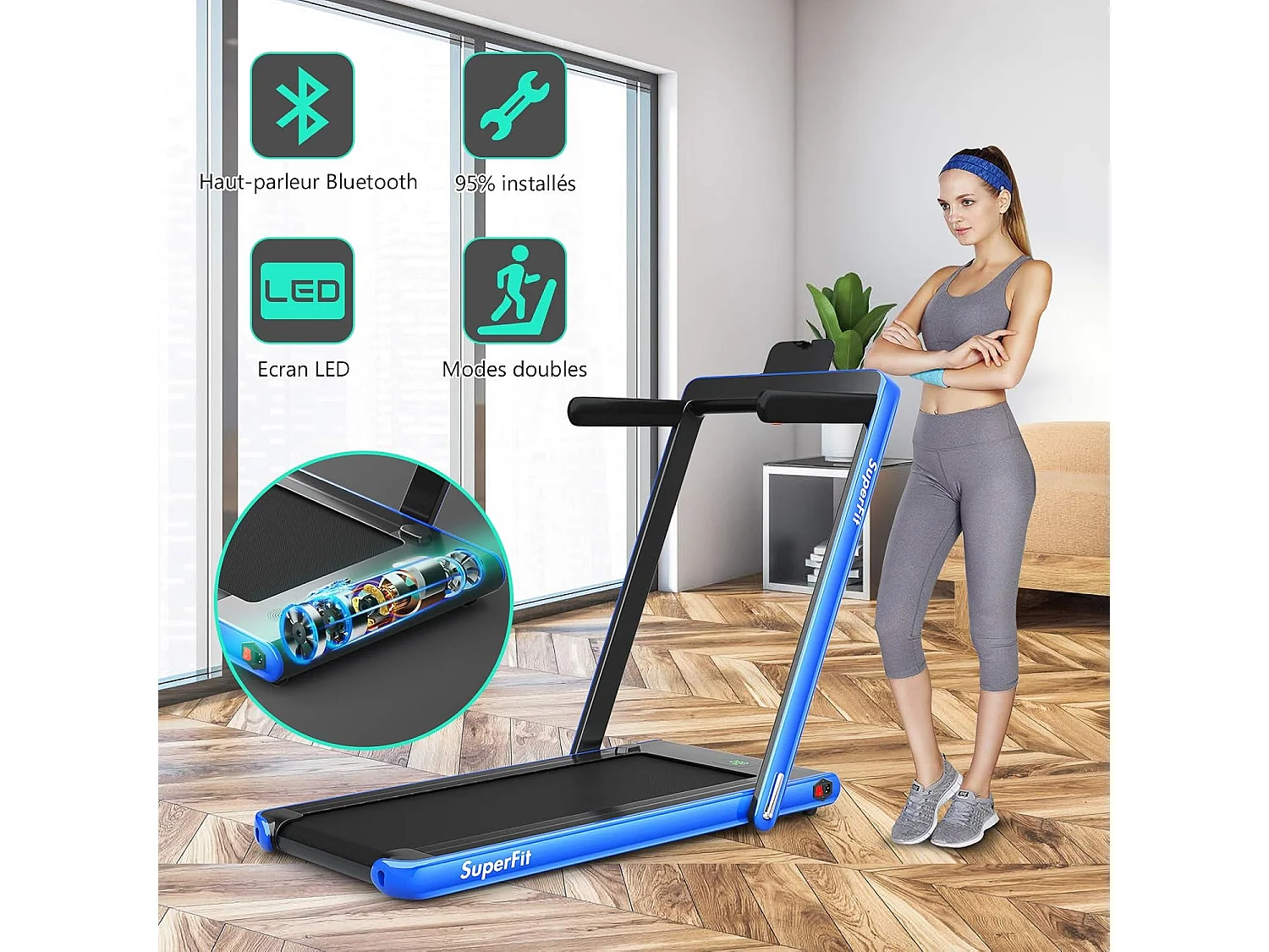 Tapis de Course Electrique Pliable 2 en 1 Contrôlé par APP, 12 Km/H, Bluetooth Moteur 600W, vec Haut-Parleur Bluetooth, Télécommande, Ecran Multifonctions LED