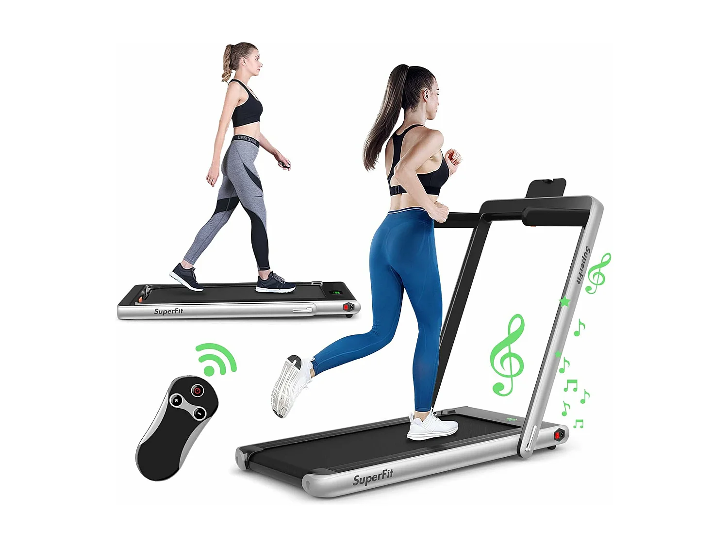 Tapis de Course Electrique Pliable 2 en 1 Contrôlé par APP 12 Km/H avec Ecran LED Haut-parleur Bluetooth Moteur 0,75HP (Argent)